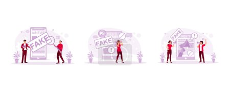 Illustration for Analyze fake news. Expression of hearing false information from a cell phone. Holding a megaphone and conveying information. Fake News concept. set modern vector flat illustration - Royalty Free Image