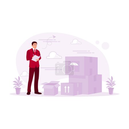 Illustration for The businessman is standing next to a pile of cardboard, checking goods in the warehouse. Full Stack Concept. Trend Modern vector flat illustration - Royalty Free Image