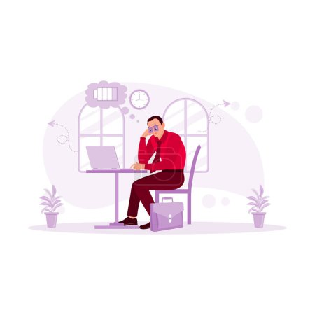 Illustration for Tired businessman doing inefficient work sitting in front of a laptop with eyes covering eye stickers on the face. Boring Job Concept. Trend Modern vector flat illustration - Royalty Free Image