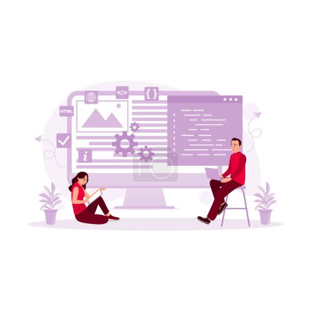 Illustration for Young software developer IT specialist who professionally programs computer devices. Full Stack Concept. Trend Modern vector flat illustration - Royalty Free Image