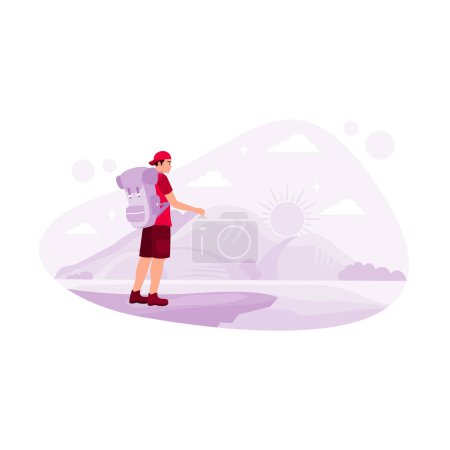 Illustration for A young traveler climbs a mountain as the sun shines. Hiking Mountain concept. Trend Modern vector flat illustration - Royalty Free Image
