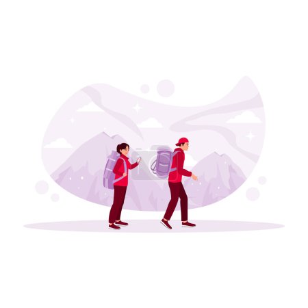 Illustration for Male and female travelers with backpacks traveling outdoors.Trip exploring the Mountains. Hiking Mountain concept. Trend Modern vector flat illustration - Royalty Free Image