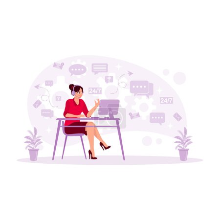 Illustration for Young businesswoman using headphones offering 24h support service to clients. Customer Support concept. Trend Modern vector flat illustration - Royalty Free Image
