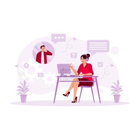 Illustration for Young businesswoman using headphones and having an online meeting with colleagues. Customer Support concept. Trend Modern vector flat illustration - Royalty Free Image