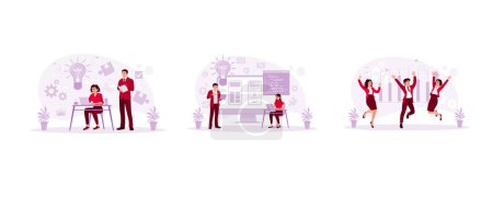 Illustration for Exchange ideas. Female UX Architect Discussing with Male Design Engineer. A successful partnership team celebrates achievements. Employees Working concept. Set Trend Modern vector flat illustration - Royalty Free Image