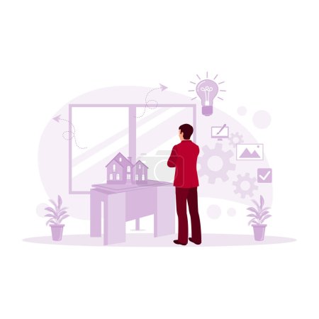 Illustration for Young architect standing in front of the window looking at a model of a new house to be built. Architect concept. Trend Modern vector flat illustration - Royalty Free Image