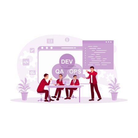 Illustration for Group of young engineers and IT experts working in modern office developing software. DevOps Developers concept. Trend Modern vector flat illustration - Royalty Free Image
