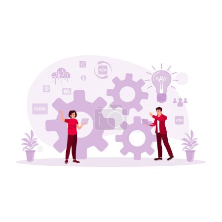 Illustration for Two IT experts exchange ideas for developing software on a laptop. DevOps Developers concept. Trend Modern vector flat illustration - Royalty Free Image