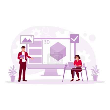 Illustration for Female engineer working on personal laptop designing 3D machine model. Works at Start UP company. Engineering concept. Trend Modern vector flat illustration - Royalty Free Image