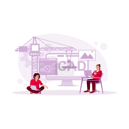 Illustration for Team of Architects and Engineers Work on Building Complex Prototype Project, Using City Models and Computers Running 3D CAD Software. Architect concept. Trend Modern vector flat illustration - Royalty Free Image