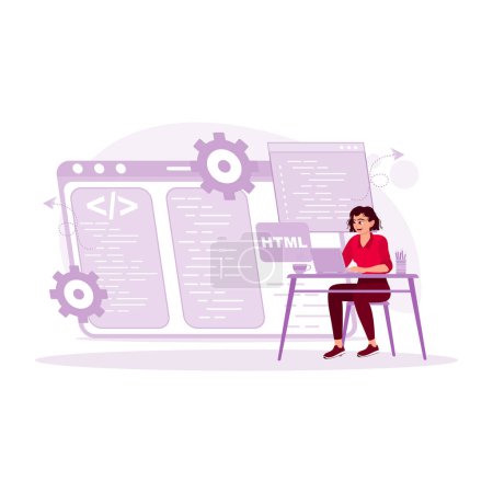 Illustration for Female IT developer working on laptop programming software applications. Programmers concept. Trend Modern vector flat illustration - Royalty Free Image