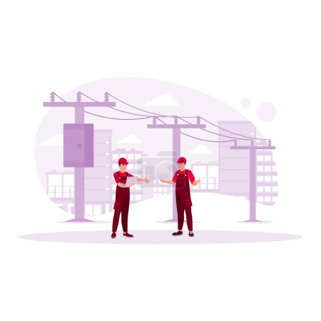 Illustration for Two electrical engineers use a laptop near the power plant to view the new work project plan. Engineering concept. Trend Modern vector flat illustration - Royalty Free Image