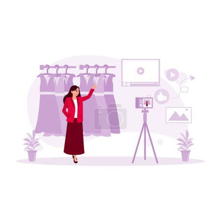 Illustration for Clothing shop owners market their clothing collections through content on social media. Content Marketing concept. Trend Modern vector flat illustration - Royalty Free Image