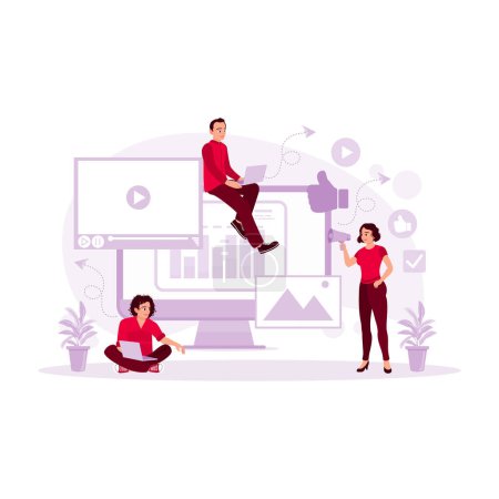 Illustration for Men and women creating content on streaming platforms with digital webcams. Content Marketing concept. Trend Modern vector flat illustration - Royalty Free Image