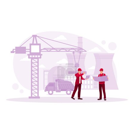 Illustration for Two engineers look at the work plan of a new project in a heavy industrial manufacturing plant. Engineering concept. Trend Modern vector flat illustration - Royalty Free Image