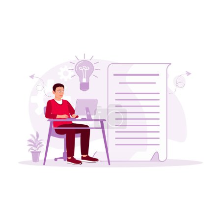 Illustration for Businessman sitting in front of computer writing content for company financial report presentation. Content Writer concept. trend modern vector flat illustration - Royalty Free Image