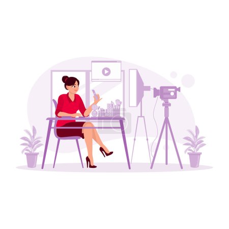 Illustration for Live streaming cosmetic product reviews. Latest trending makeup tutorials. Blogger concept. trend modern vector flat illustration - Royalty Free Image