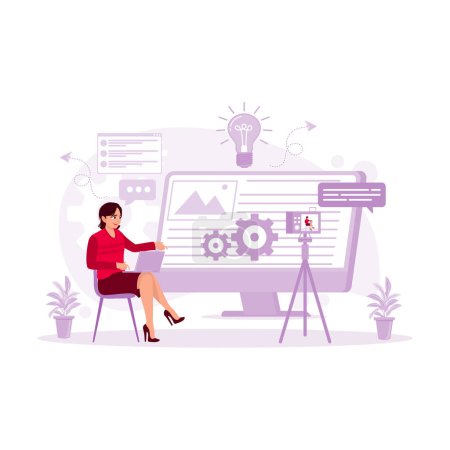 Illustration for Female influencer vlogging online with a smartphone camera and laptop. Content Writer concept. trend modern vector flat illustration - Royalty Free Image