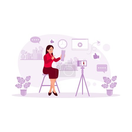 Illustration for A beautiful female blogger displays cosmetic products while recording videos and giving advice for her beauty blog. Blogger concept. trend modern vector flat illustration - Royalty Free Image