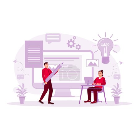 Illustration for Men seek interesting content information to create new chapters for bestselling books. Content Writer concept. trend modern vector flat illustration - Royalty Free Image