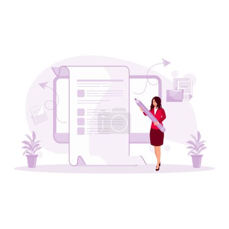 Illustration for A young woman holding a pen, writing inspiration on a large piece of paper. Content Writer concept. trend modern vector flat illustration - Royalty Free Image
