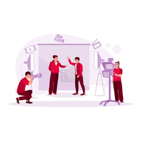 Illustration for Behind-the-scenes shot of a virtual production stage by a film crew team on a giant LED screen. Film Production Concept. trend modern vector flat illustration - Royalty Free Image
