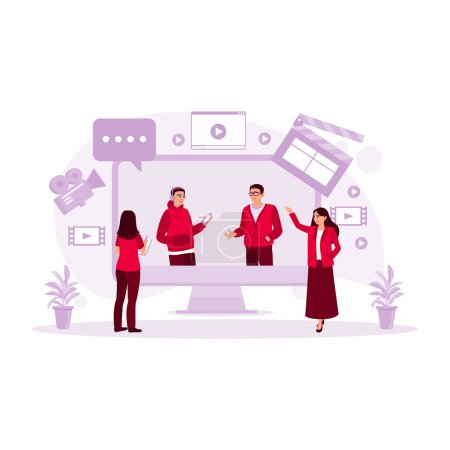 Illustration for Female director talking with the assistant while watching a movie scene on the TV screen. Film Production Concept. trend modern vector flat illustration - Royalty Free Image