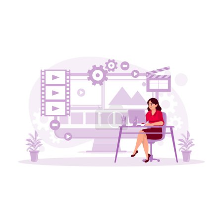 Illustration for Beautiful and Creative Female Video Editor Works with Footage on Her Personal Computer with a Big Screen. Video Editor concept. trend modern vector flat illustration - Royalty Free Image