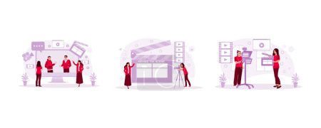 Illustration for Female director talking to assistant. Woman scene with a film studio background. Close-up shot. Film Production Concept. set trend modern vector flat illustration - Royalty Free Image