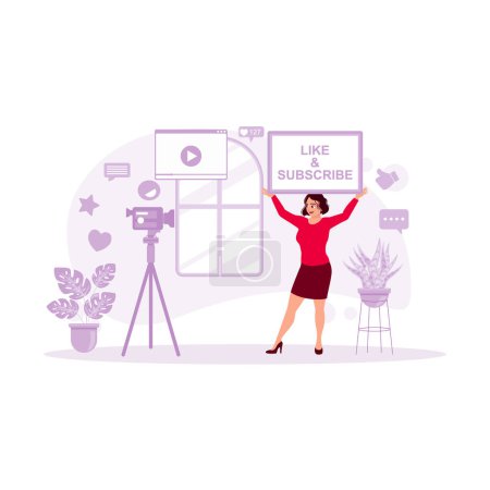 Illustration for Female vlogger recording video with a professional camera inside the home. Recording videos for his channel. Content Creator concept. Trend Modern vector flat illustration - Royalty Free Image