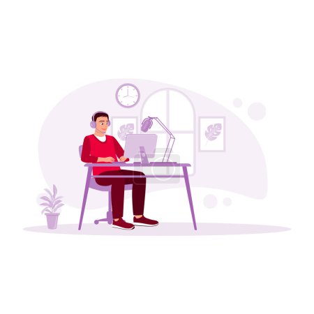 Illustration for Male vlogger using headphones and laptop to create conversation content with a microphone in the studio. Content Creator concept. Trend Modern vector flat illustration - Royalty Free Image