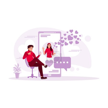 Illustration for The young man makes an online call with a particular female friend. Hearts fly from the phone. Online Dating concept. Trend Modern vector flat illustration - Royalty Free Image