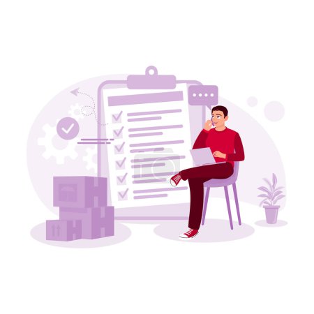 Illustration for An e-commerce business owner calls the supplier to confirm the order and reviews the customer's address checklist before shipping the box. Order Confirmation concept. Trend Modern vector flat illustration - Royalty Free Image