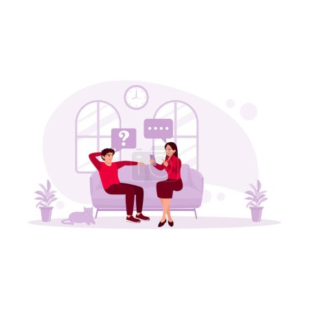 Illustration for A young married couple sits on the sofa, talking while playing on their cell phone. Virtual Relationships concept. Trend Modern vector flat illustration - Royalty Free Image