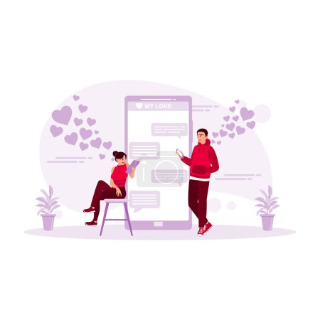 Illustration for Young couple making an online call against the background of flying hearts. Online Dating concept. Trend Modern vector flat illustration - Royalty Free Image