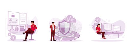 Illustration for Future technology and cybernetics. Cyber Security data protection. Worked in the data centre systems control room. Cyber Security concept. set trend modern vector flat illustration. - Royalty Free Image