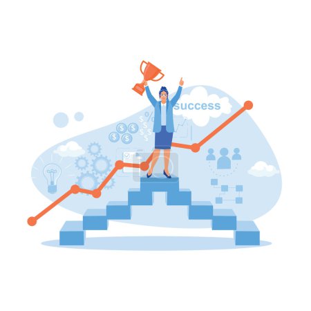 Illustration for Businesswoman standing on a ladder carrying a trophy towards success. Career Development Concept. trend modern vector flat illustration - Royalty Free Image