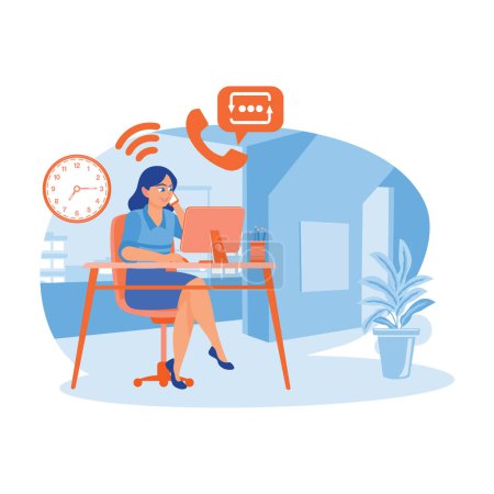 Die junge Geschäftsfrau arbeitet vor dem Computer und telefoniert mit ihren Kunden. Employee Making Konzept. Trend moderne Vektorflache Illustration