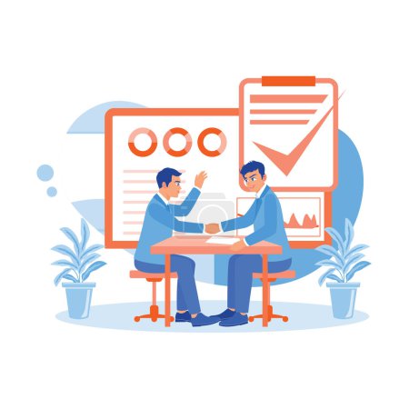 Illustration for The young manager shaking hands with the new employee after the interview is over. Employee Making concept. trend modern vector flat illustration - Royalty Free Image