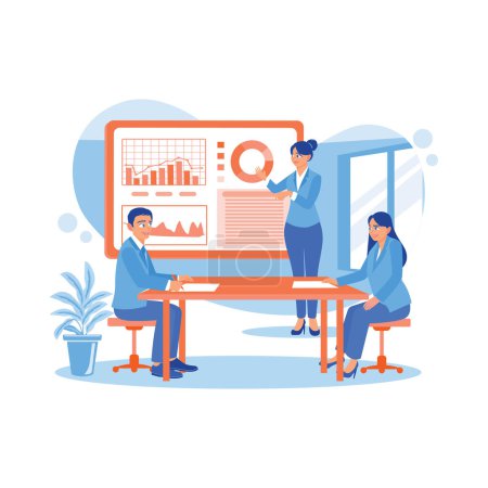 Illustration for Female manager holding a meeting presentation with the company's team of economists. Analyze growth charts, statistics, and data. Growth Analysis Concept. trend modern vector flat illustration - Royalty Free Image