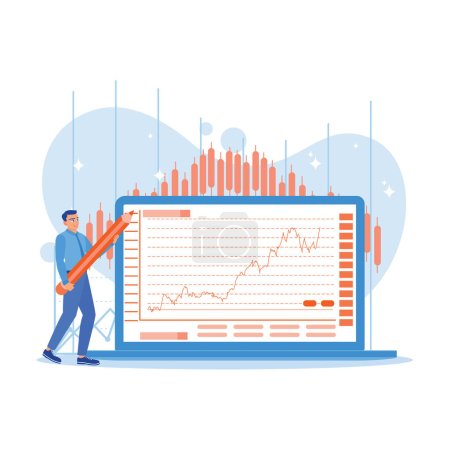 Illustration for Businessman holding the giant pencil in front of laptop analyzing company investment stock market. Growth Analysis Concept. trend modern vector flat illustration - Royalty Free Image
