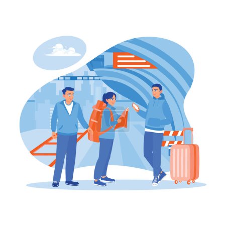 Illustration for A multiethnic group of friends using maps and smartphones on a train station platform. Take a tourist trip by train. Tourist Guide concept. trend modern vector flat illustration - Royalty Free Image