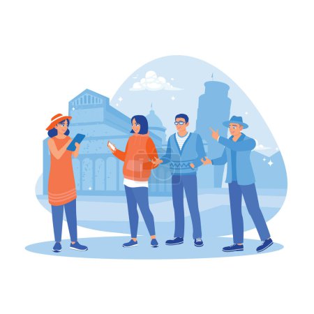 Illustration for A group of young tourists in Pisa, Italy. Listening to a guide's explanation about a famous monument. Tourist Guide concept. trend modern vector flat illustration - Royalty Free Image