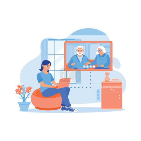 Ilustración de Mujer joven sentada en el sofá dentro de la casa. Hacer llamadas en línea con su madre y su padre usando una computadora portátil. Concepto de Relaciones Virtuales. tendencia vector moderno ilustración plana - Imagen libre de derechos
