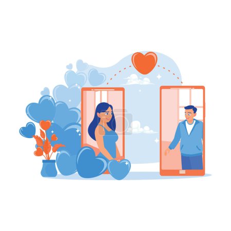 Illustration for A young couple is celebrating Valentine's Day online. Long distance relationship. Virtual Relationships concept. trend modern vector flat illustration - Royalty Free Image