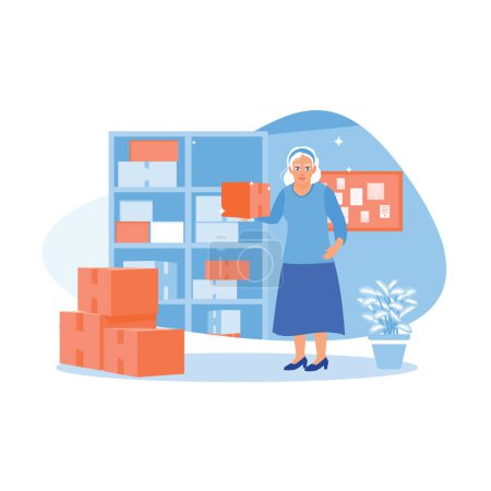 Illustration for Asian older woman small business owner holding product boxes in a warehouse. Check orders and confirm customer addresses. Order Confirmation concept. trend modern vector flat illustration - Royalty Free Image