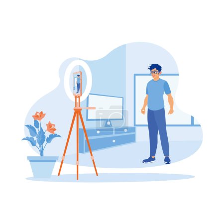 Illustration for An adult man is standing smiling at the camera inside the house. Presenting something using a cell phone call. Content Creator concept. trend modern vector flat illustration - Royalty Free Image