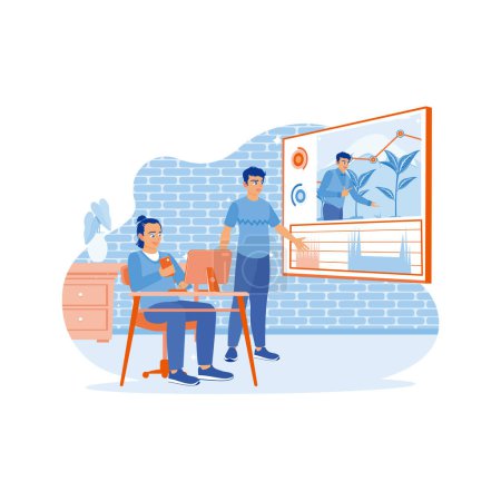 Illustration for A man and a producer work together in a creative loft office. They edit videos with color correction of documentary or commercial videos. Video Editor concept. trend modern vector flat illustration - Royalty Free Image