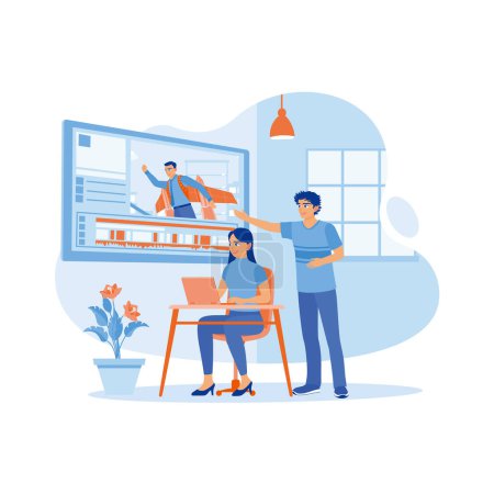 Illustration for Man and woman working in creative loft office. They work on post-production on a film using a laptop computer. Video Editor concept. trend modern vector flat illustration - Royalty Free Image