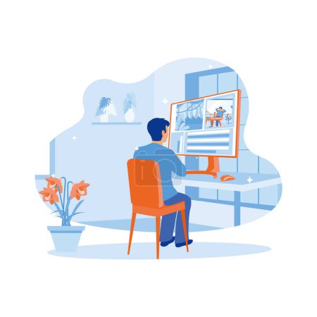 Illustration for Male video editor working in creative loft office. He is sitting with the recording on his personal computer with the big screen. Video Editor concept. trend modern vector flat illustration - Royalty Free Image